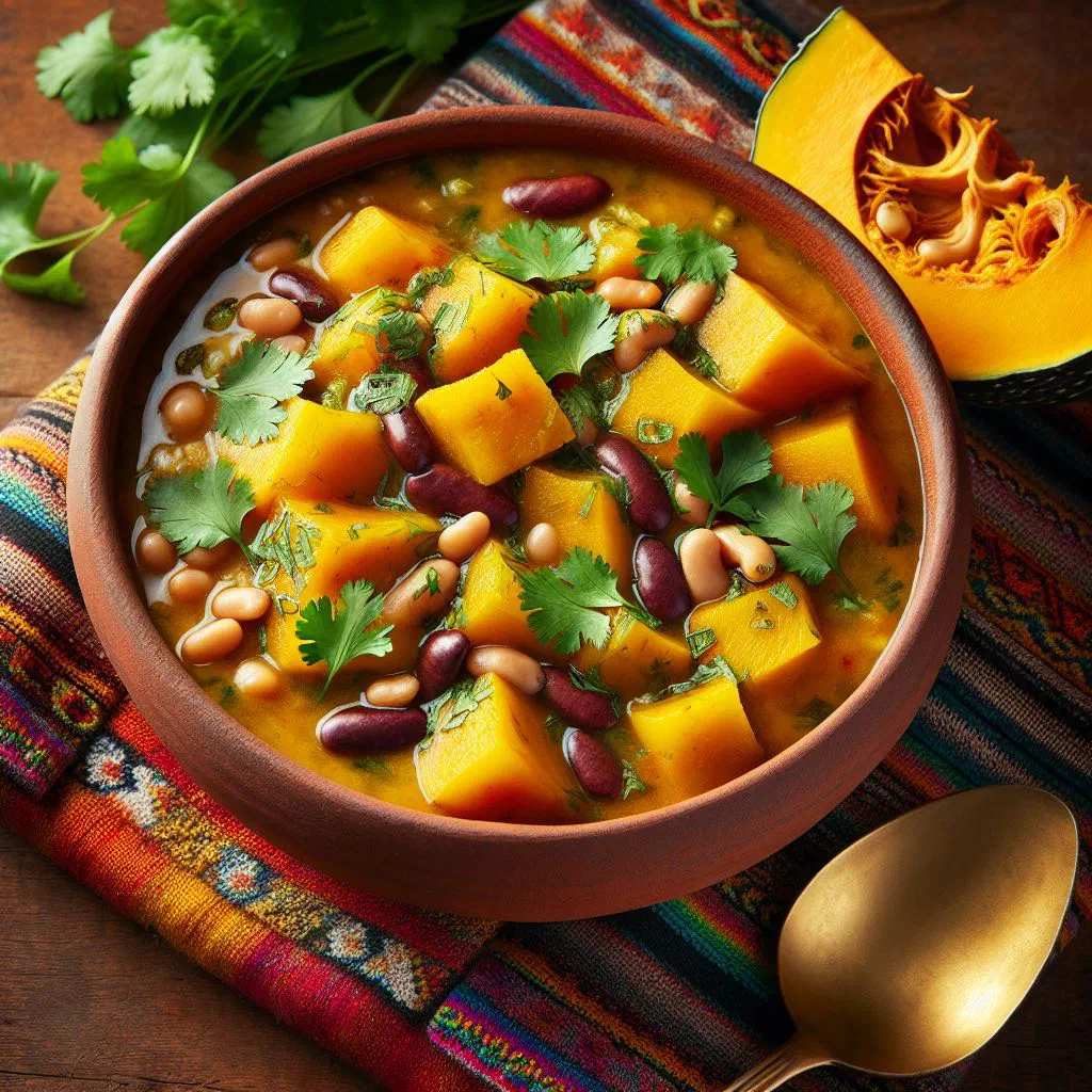 Bowl of Peruvian locro de zapallo pumpkin and potato stew garnished with fresh herbs