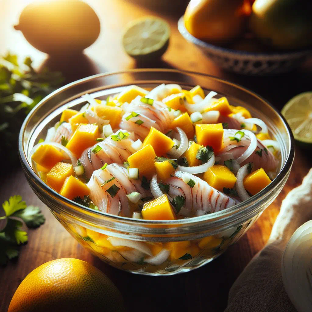 Fresh mango ceviche with red onion, coriander and lime