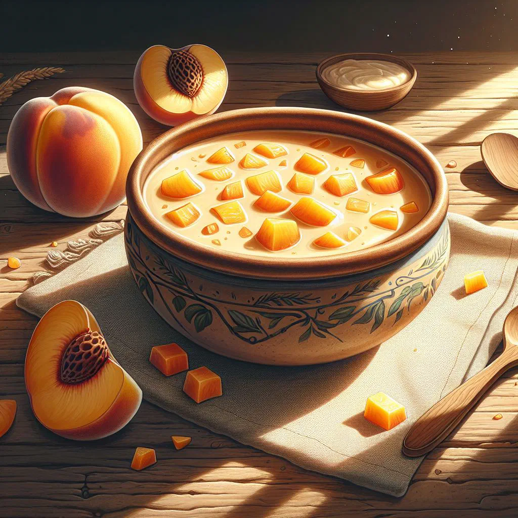 Creamy peach pudding served in a glass, garnished with fresh mint