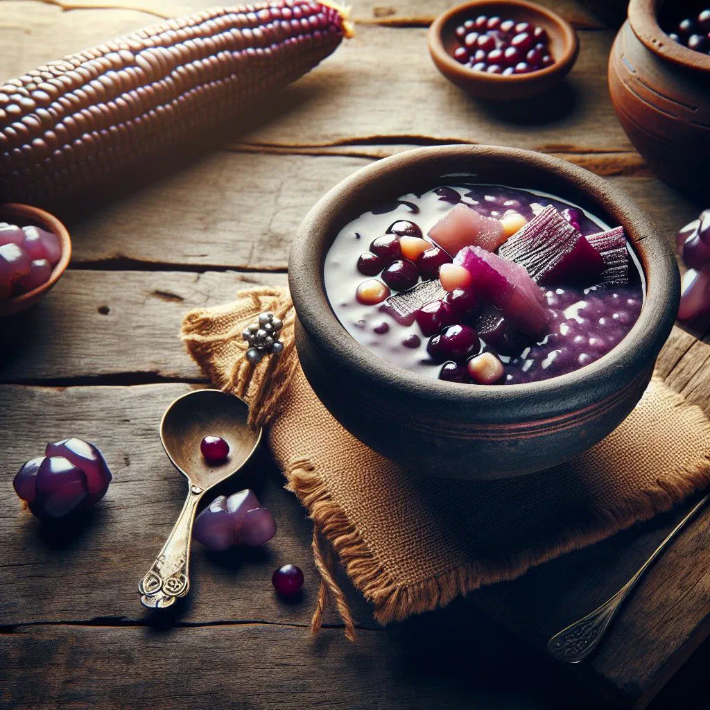 Bowl of deep purple mazamorra morada topped with fruit