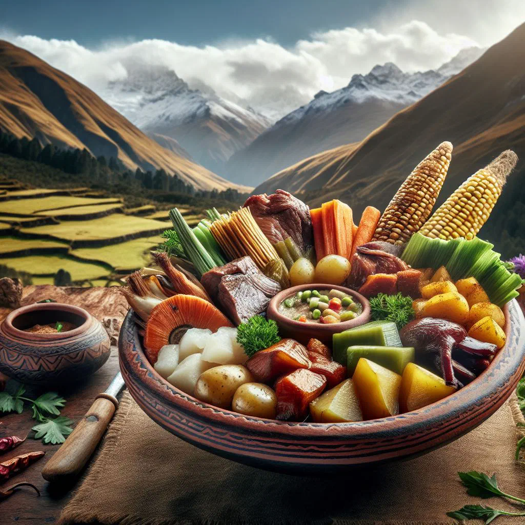 Pachamanca of marinated meat, potatoes and vegetables cooked in an earth oven