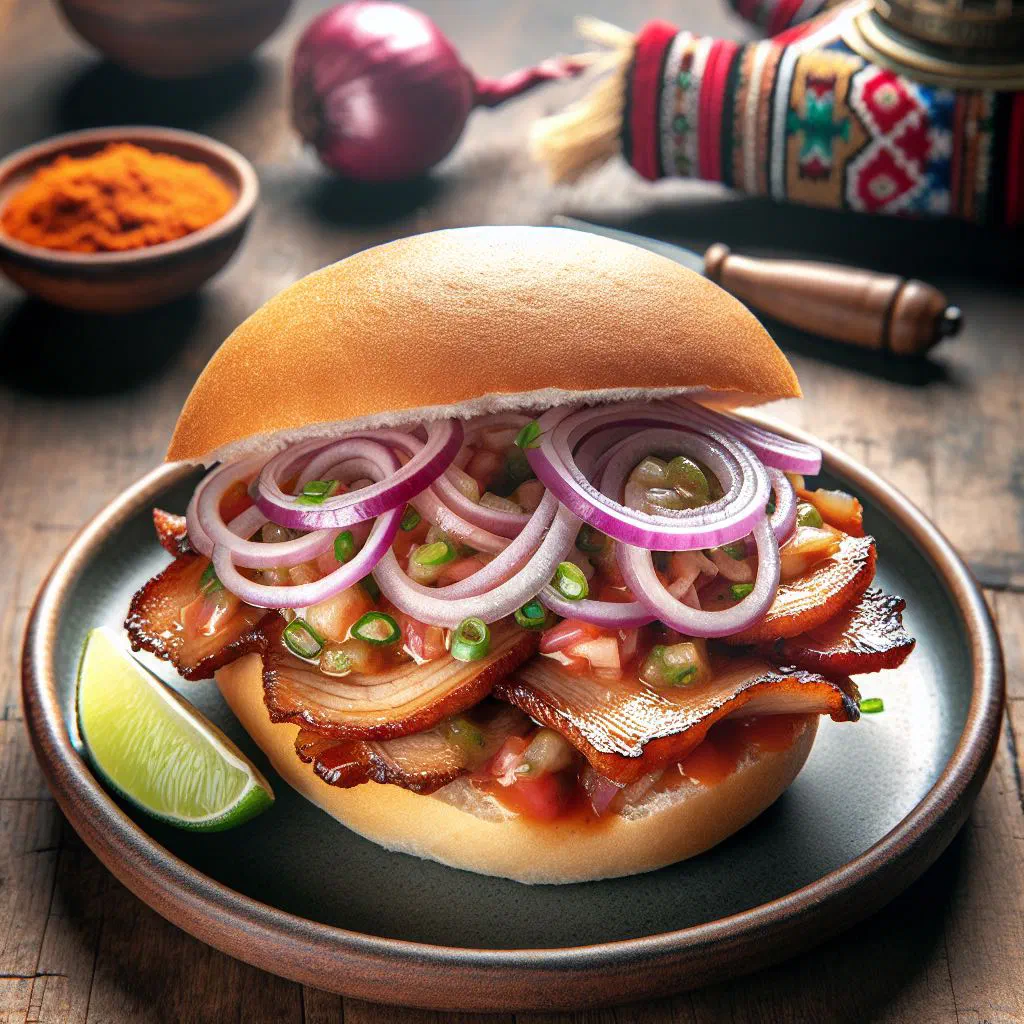 Pan con chicharrón sandwich with crispy pork, sweet potato and salsa criolla