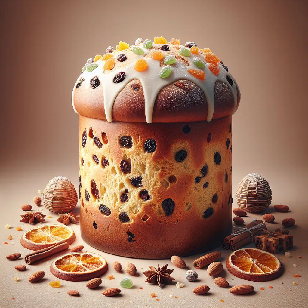 A sliced Peruvian panetón studded with dried fruit and nuts