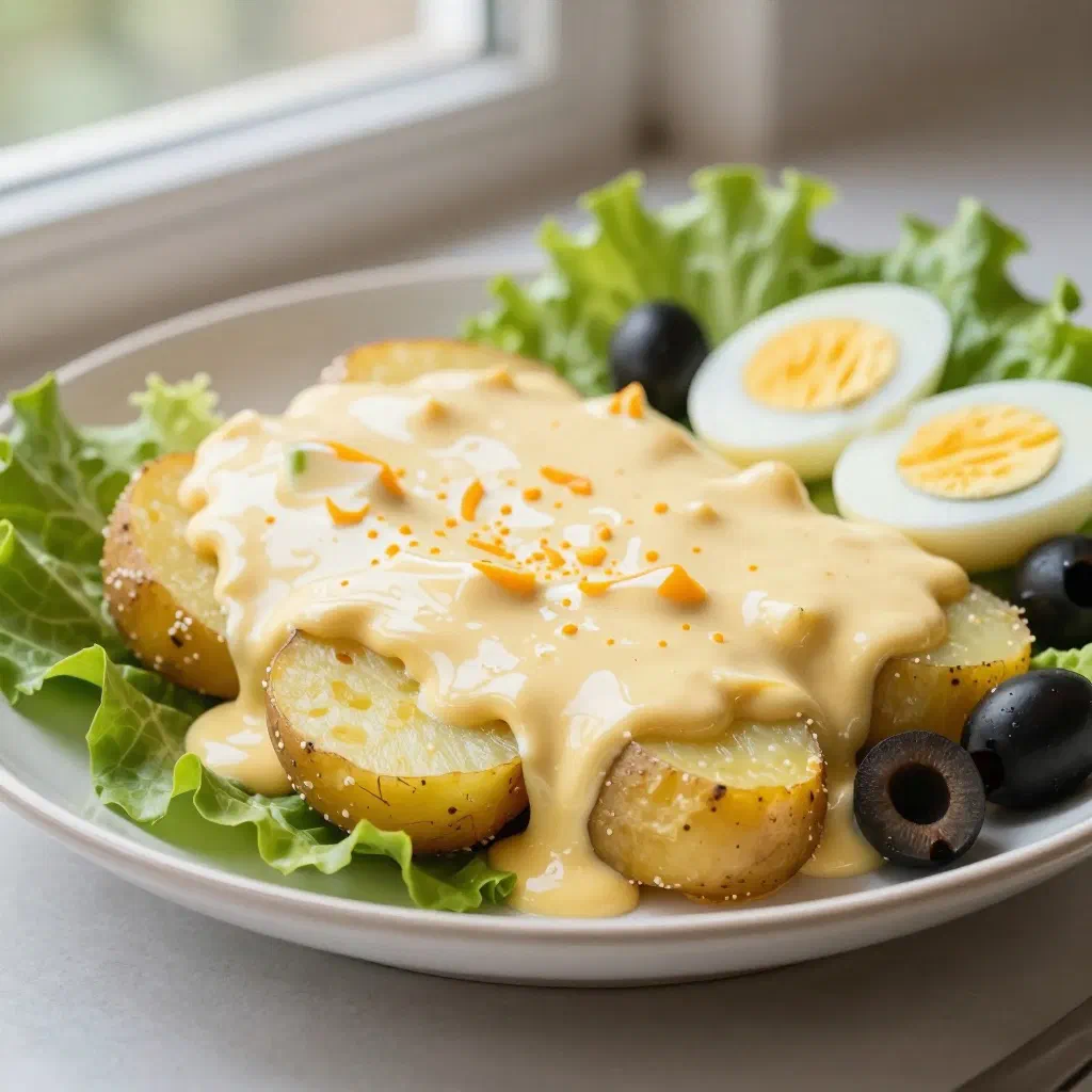 Boiled potatoes topped with creamy yellow ají cheese sauce, hard-boiled eggs and black olives