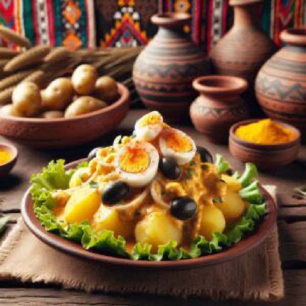 Boiled potatoes topped with creamy yellow ají cheese sauce, hard-boiled eggs and black olives