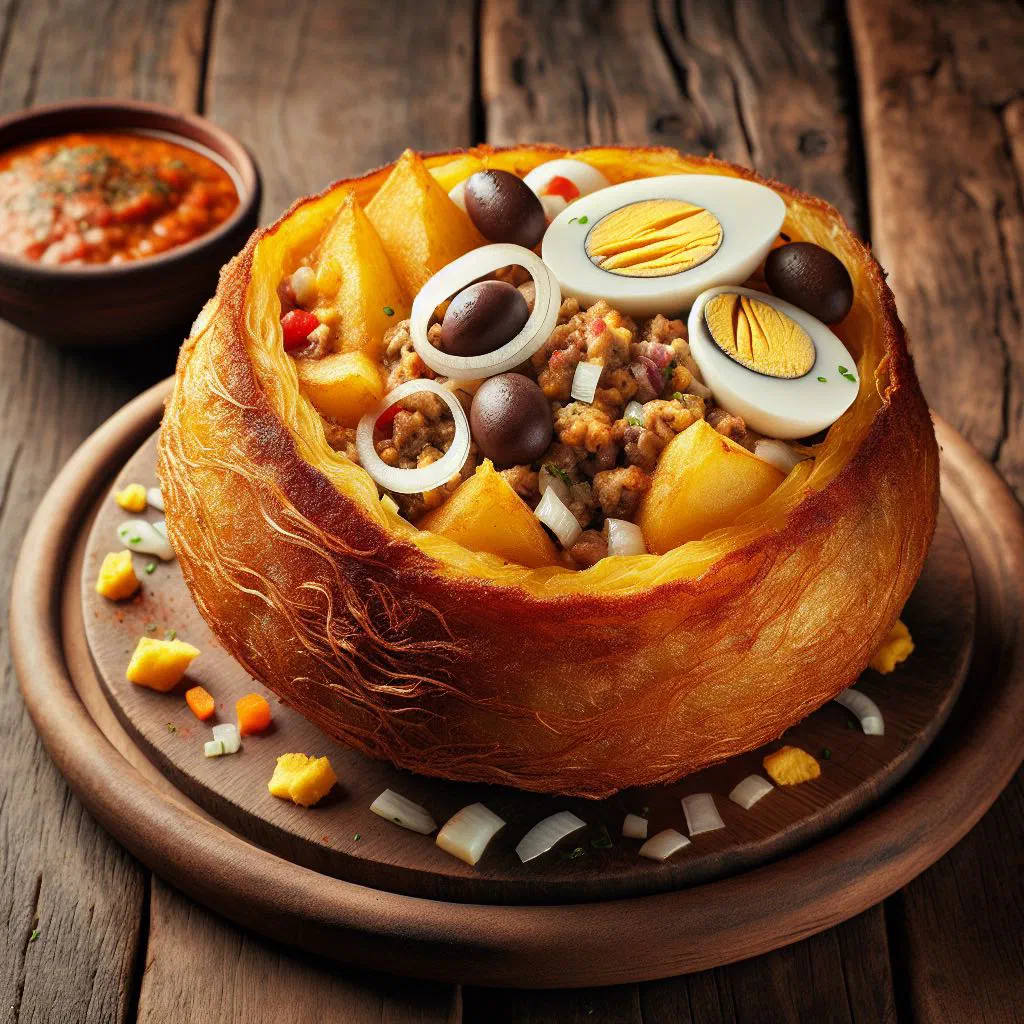 Golden fried Peruvian papa rellena cut open to show the spiced beef filling