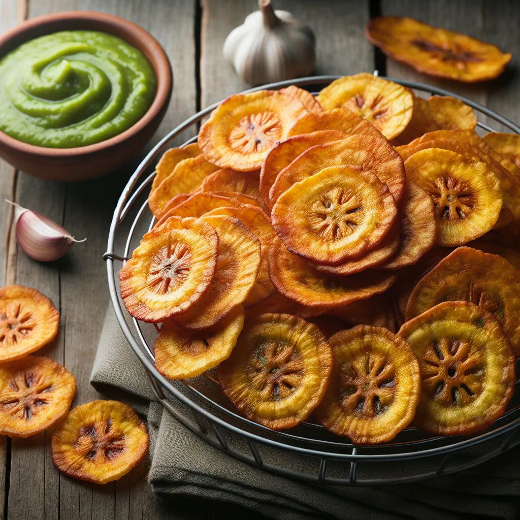 Golden, twice-fried plantain rounds sprinkled with salt on a plate