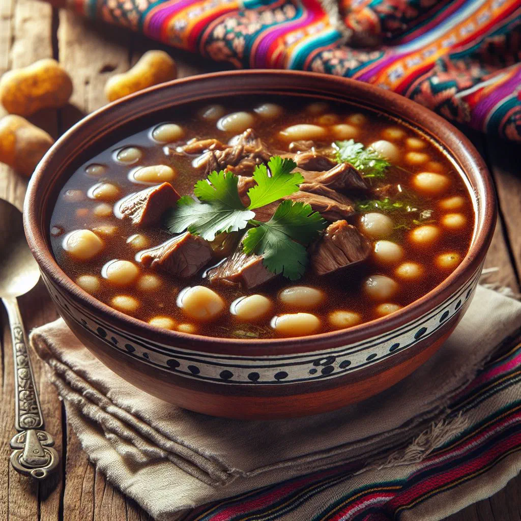 Bowl of Peruvian patasca stew with tender meat, hominy corn and fresh herbs