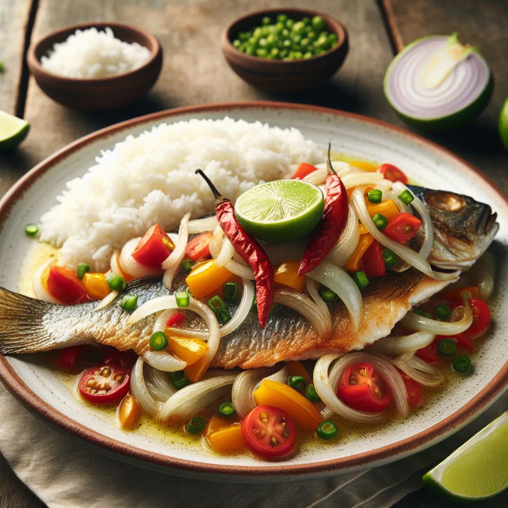Pan-fried fish fillet in a spicy tomato, onion and pepper sauce
