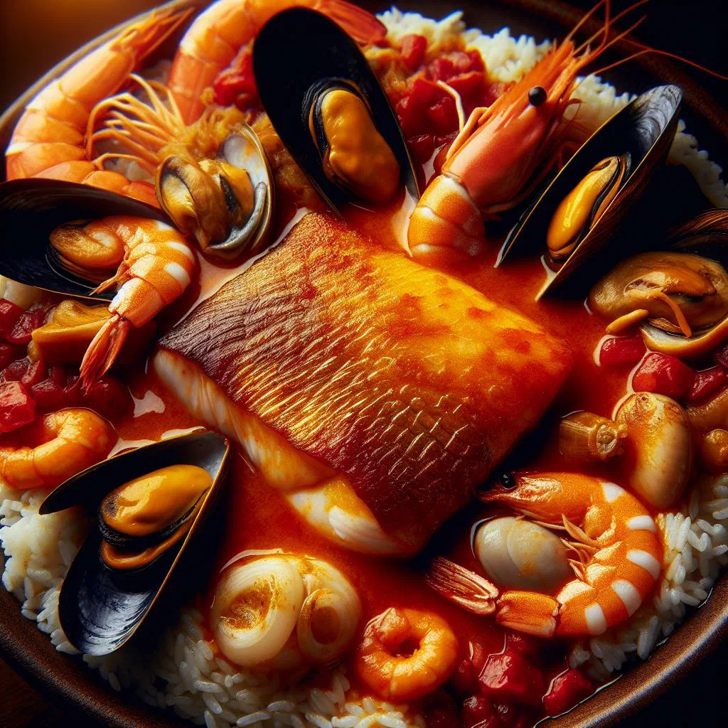 Pan-seared fish fillet in a spicy seafood sauce, garnished with coriander