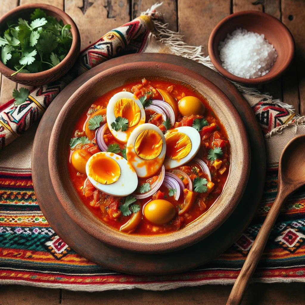 Peruvian picante de huevos with eggs in a spicy chilli sauce garnished with fresh herbs