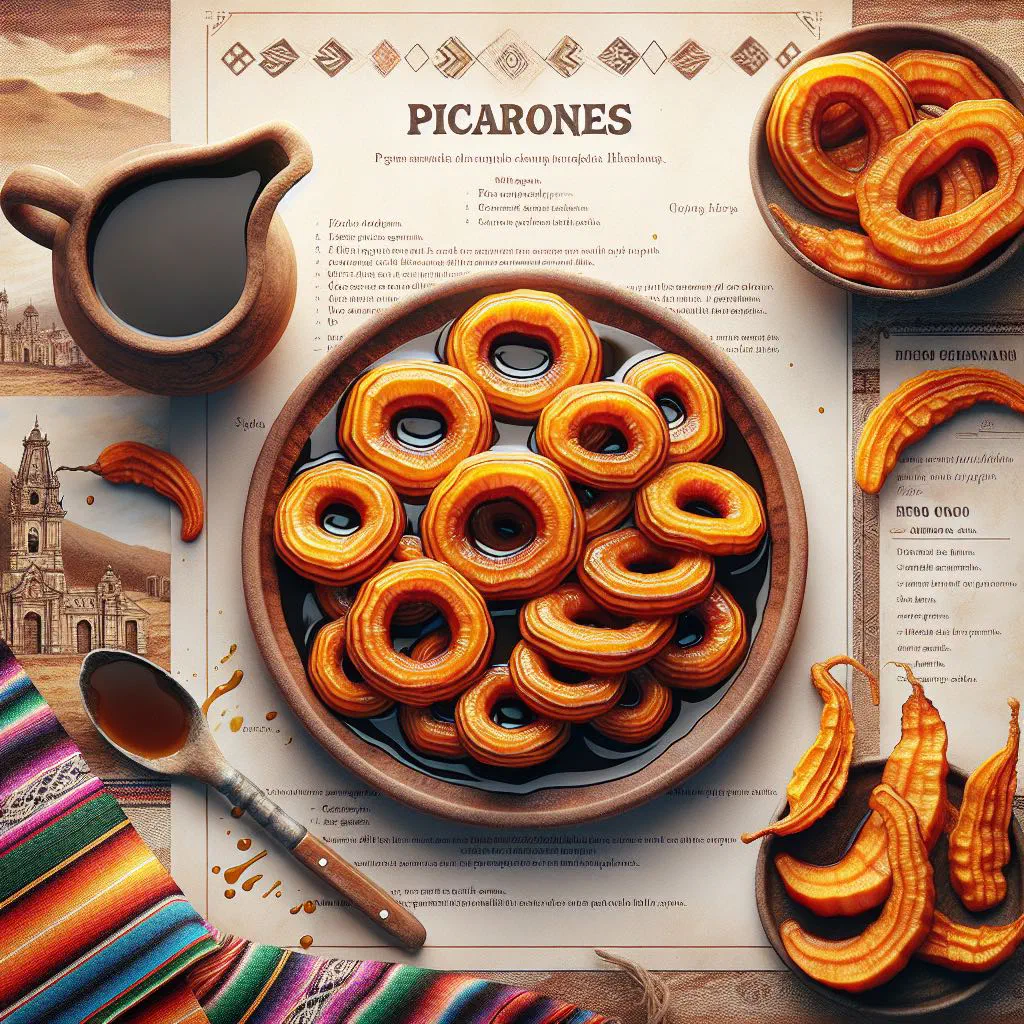 Golden fried picarones drizzled with dark molasses syrup