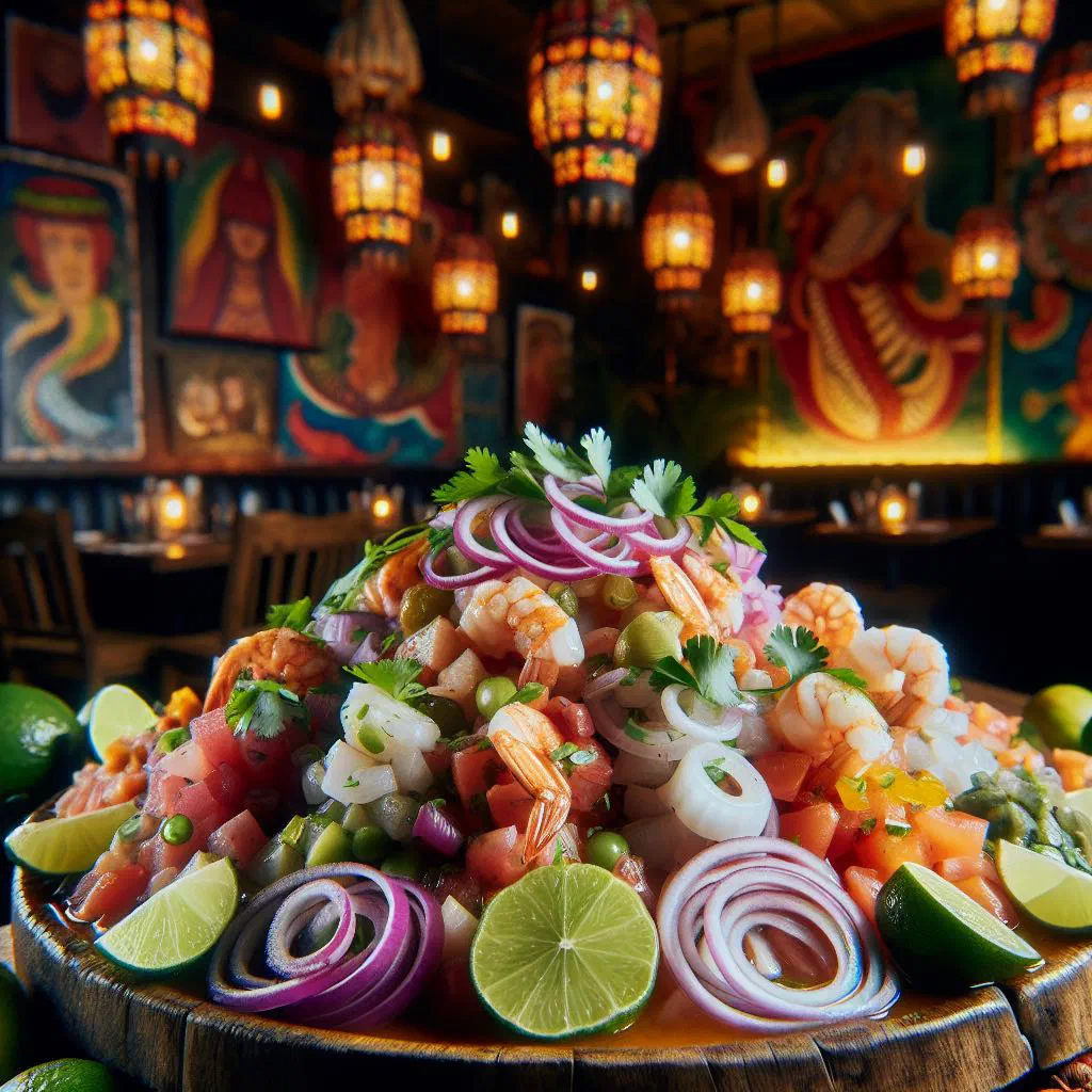 Peruvian piqueo de ceviches platter with marinated fish, sweet potato and corn