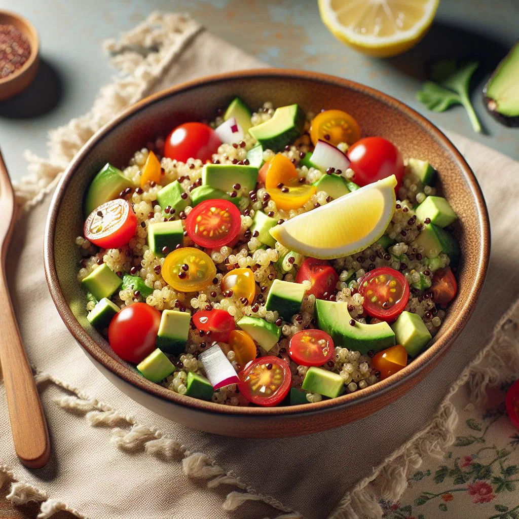 Colourful Peruvian quinoa salad with avocado, peppers and fresh coriander