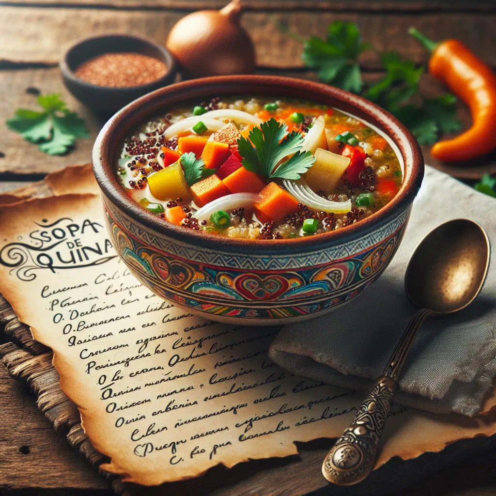Peruvian quinoa soup with vegetables garnished with fresh parsley