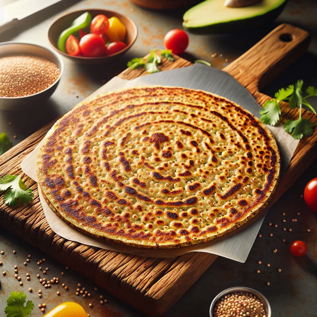 Golden quinoa tortilla with spinach and peppers on a plate