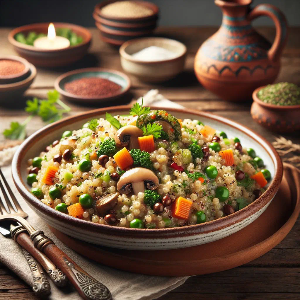 Creamy quinotto with colourful vegetables and fresh herbs in a bowl