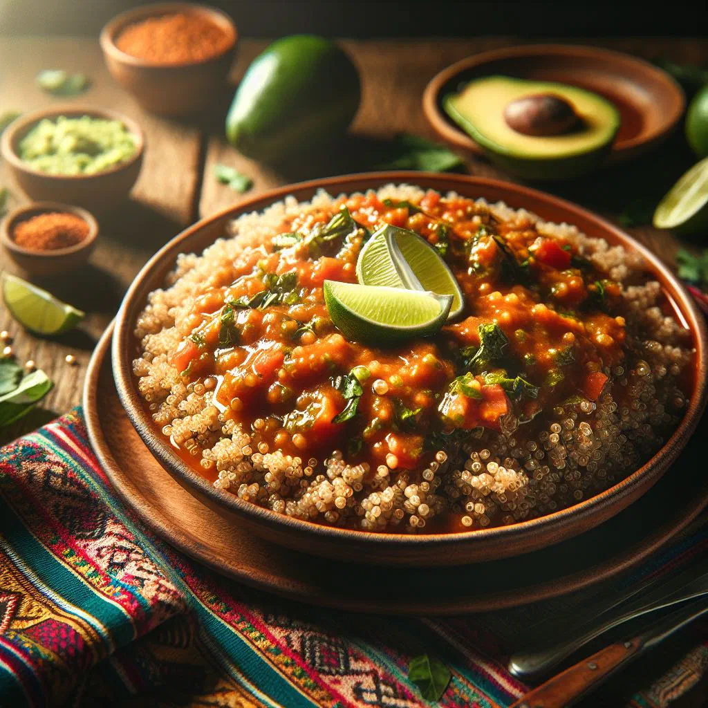 Bowl of Peruvian quinua atamalada with vegetables and fresh coriander