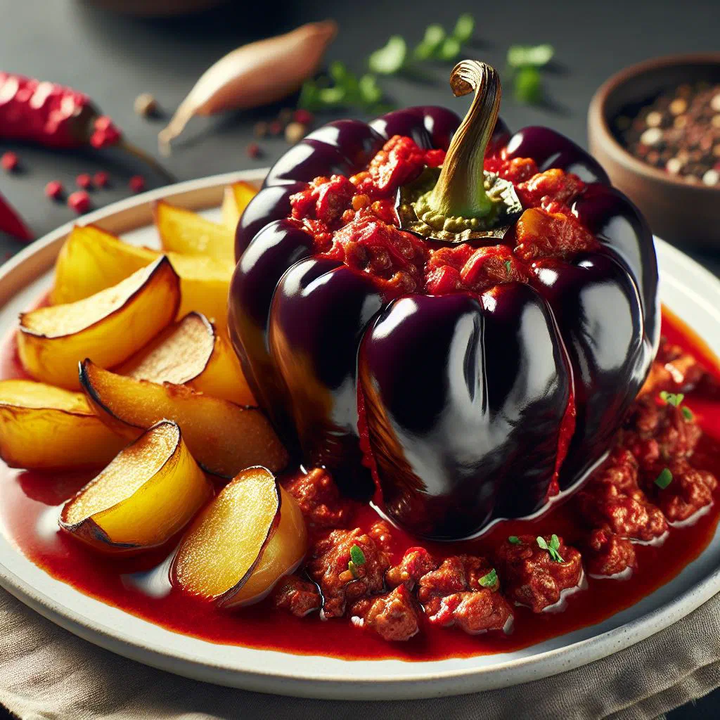 Baked rocoto peppers stuffed with spiced beef mince, garnished with fresh coriander