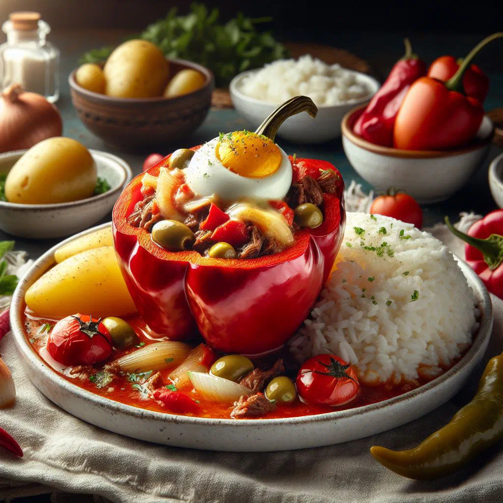 Baked rocoto pepper stuffed with spiced meat and topped with melted cheese