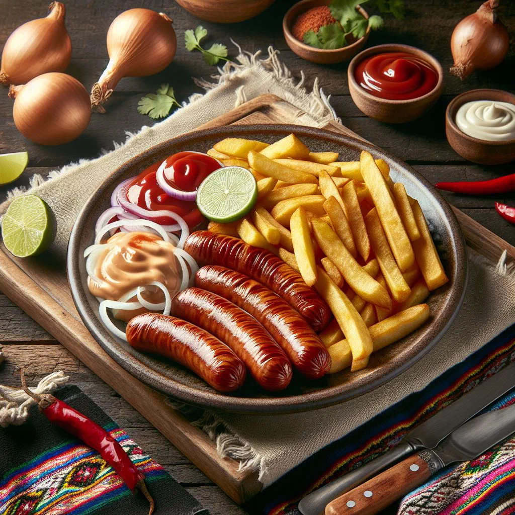 Salchipapas with golden chips and fried sausage slices topped with sauces
