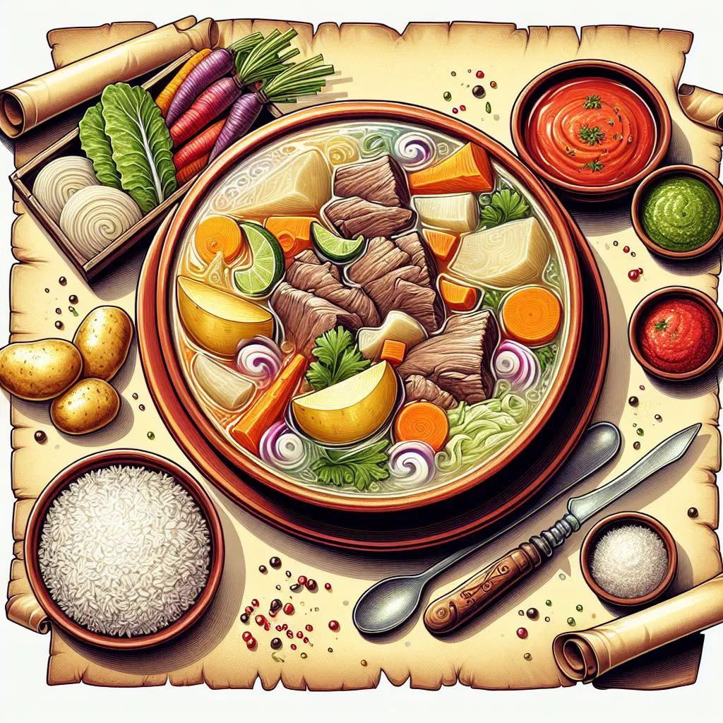 Bowl of Peruvian sancochado beef and vegetable soup garnished with parsley
