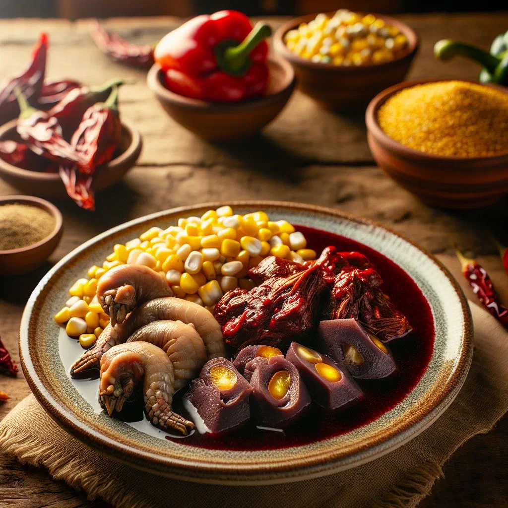 Sangrecita served with white rice and fresh herbs on a deep plate