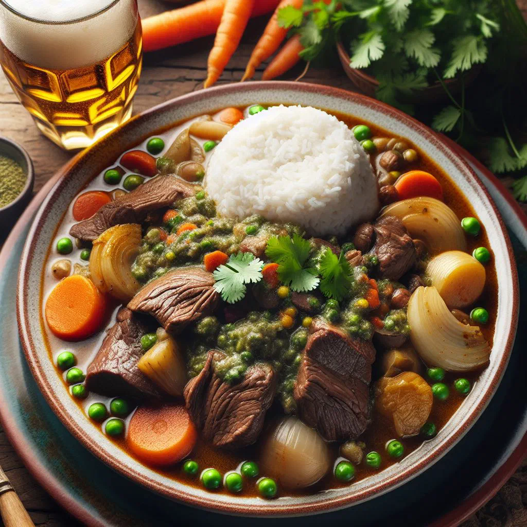 Peruvian seco de res beef stew served with rice and beans