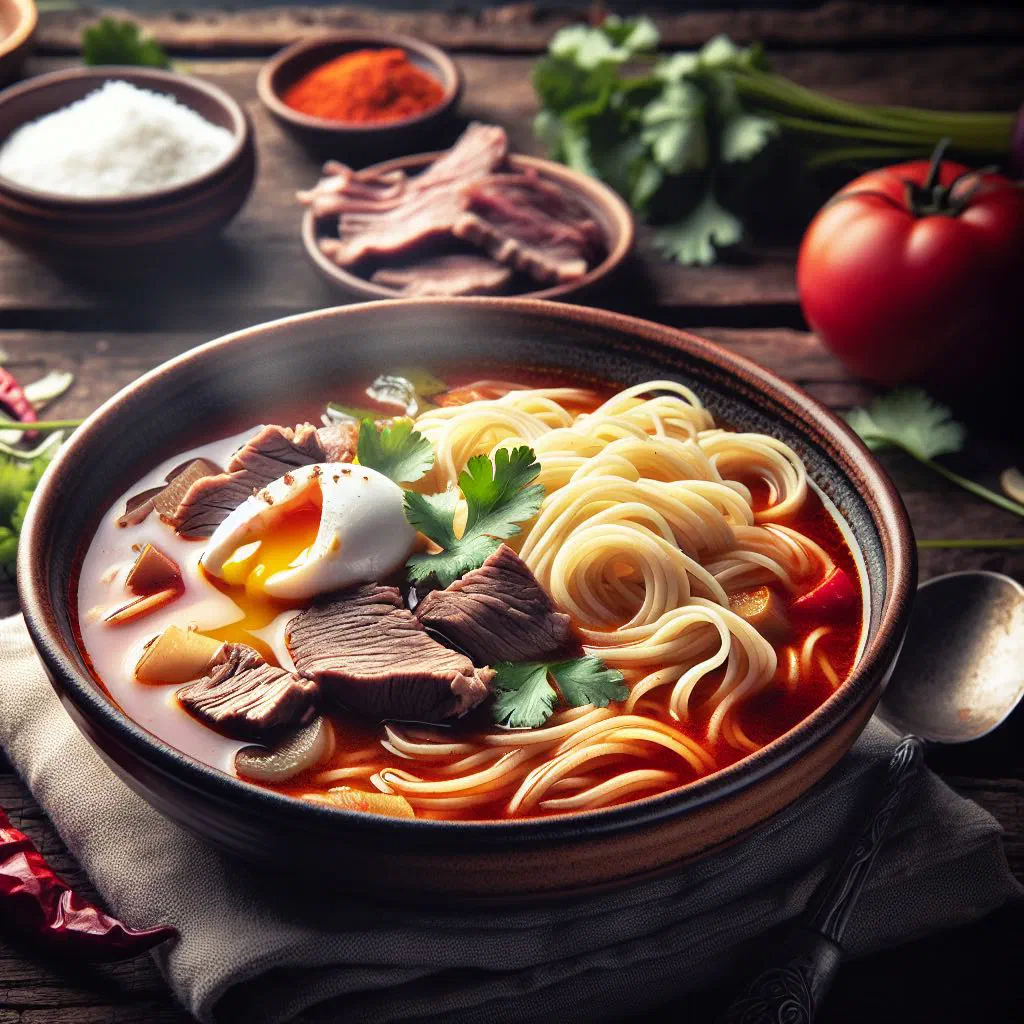 Bowl of Peruvian sopa a la criolla with beef, potatoes and a poached egg