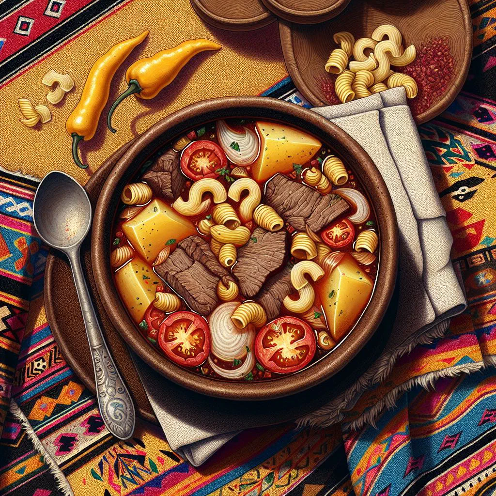 A steaming bowl of Peruvian sopa criolla with beef, vegetables and parsley