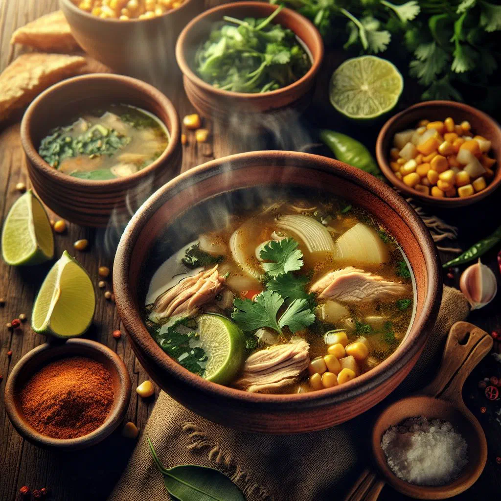 Bowl of Peruvian sopa de gallina with tender chicken, vegetables and fresh coriander