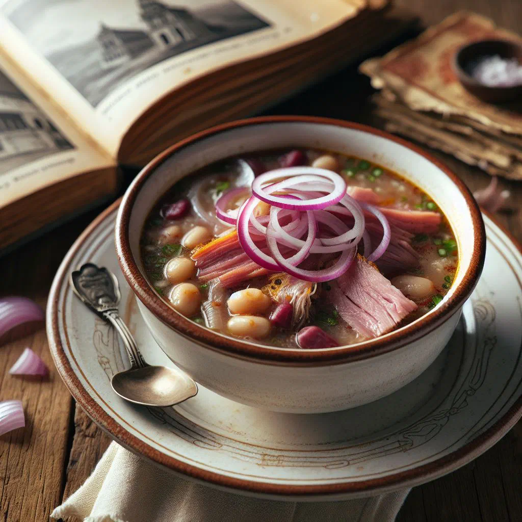 Bowl of Peruvian sopa shambar with beef, chickpeas and fresh coriander