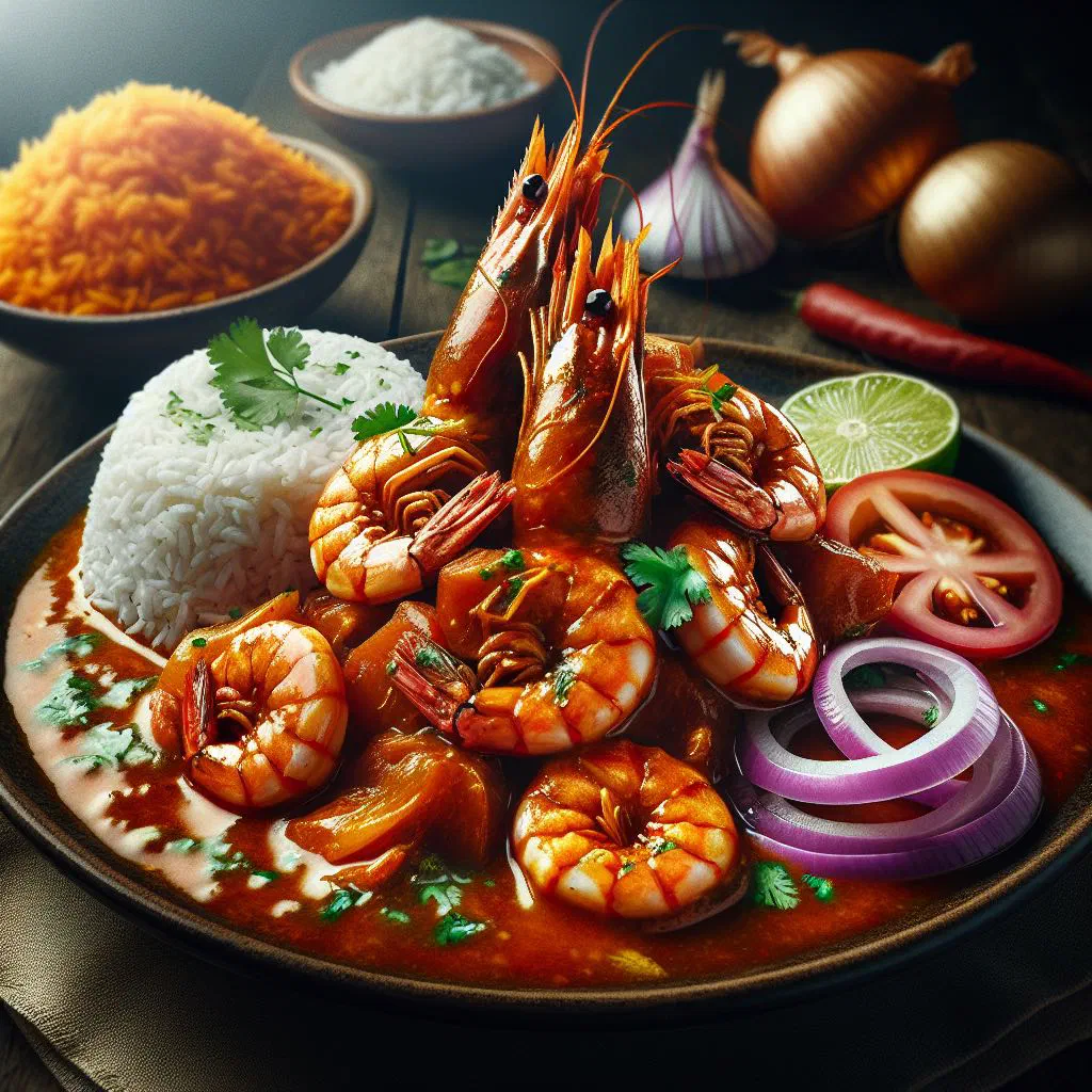 Peruvian sudado de camarones with prawns in tomato sauce served with rice