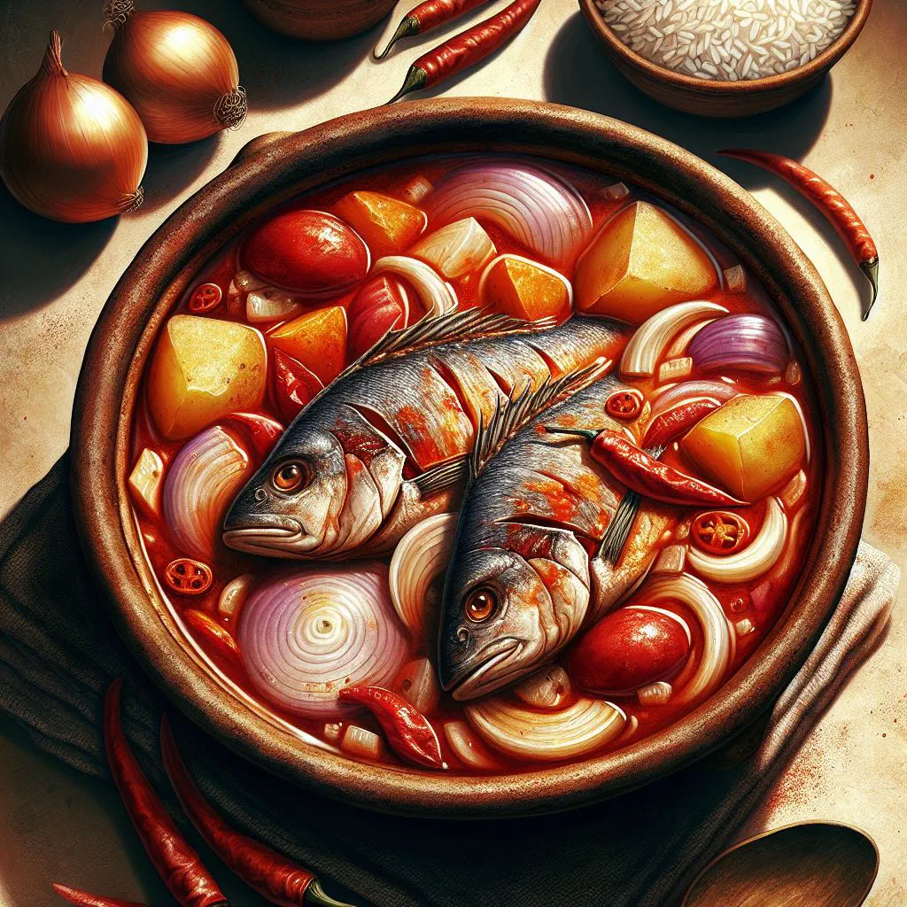 Peruvian fish stew with tomato and onion sauce garnished with coriander