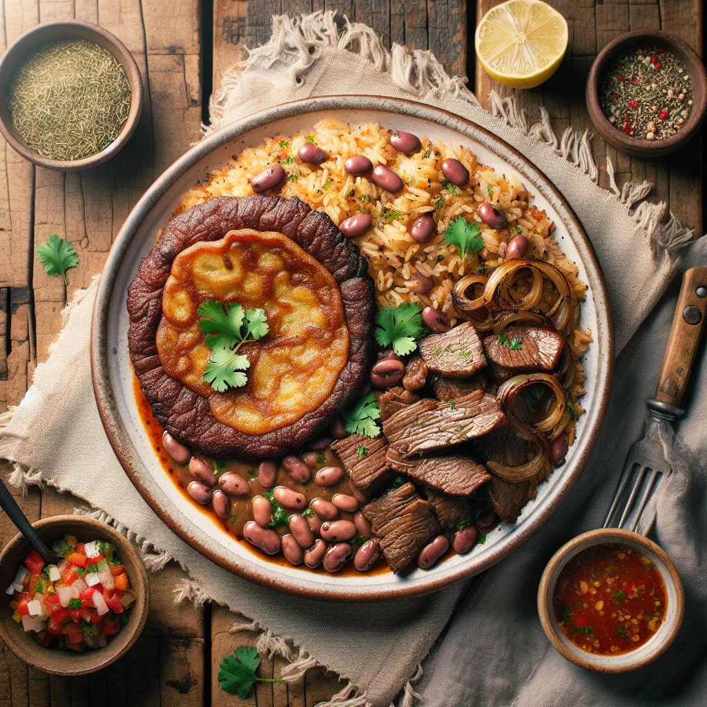 Golden tacu tacu patty topped with sliced beef fillet and fresh herbs