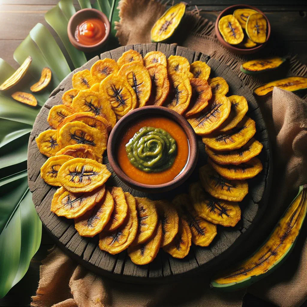Golden twice-fried green plantain tostones on a plate