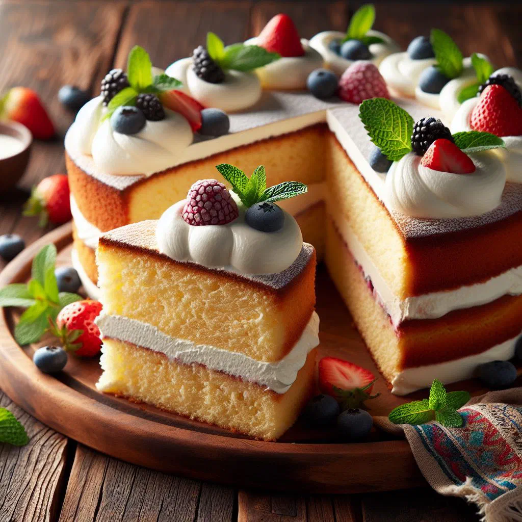 Slice of tres leches cake soaked in milk and topped with cream