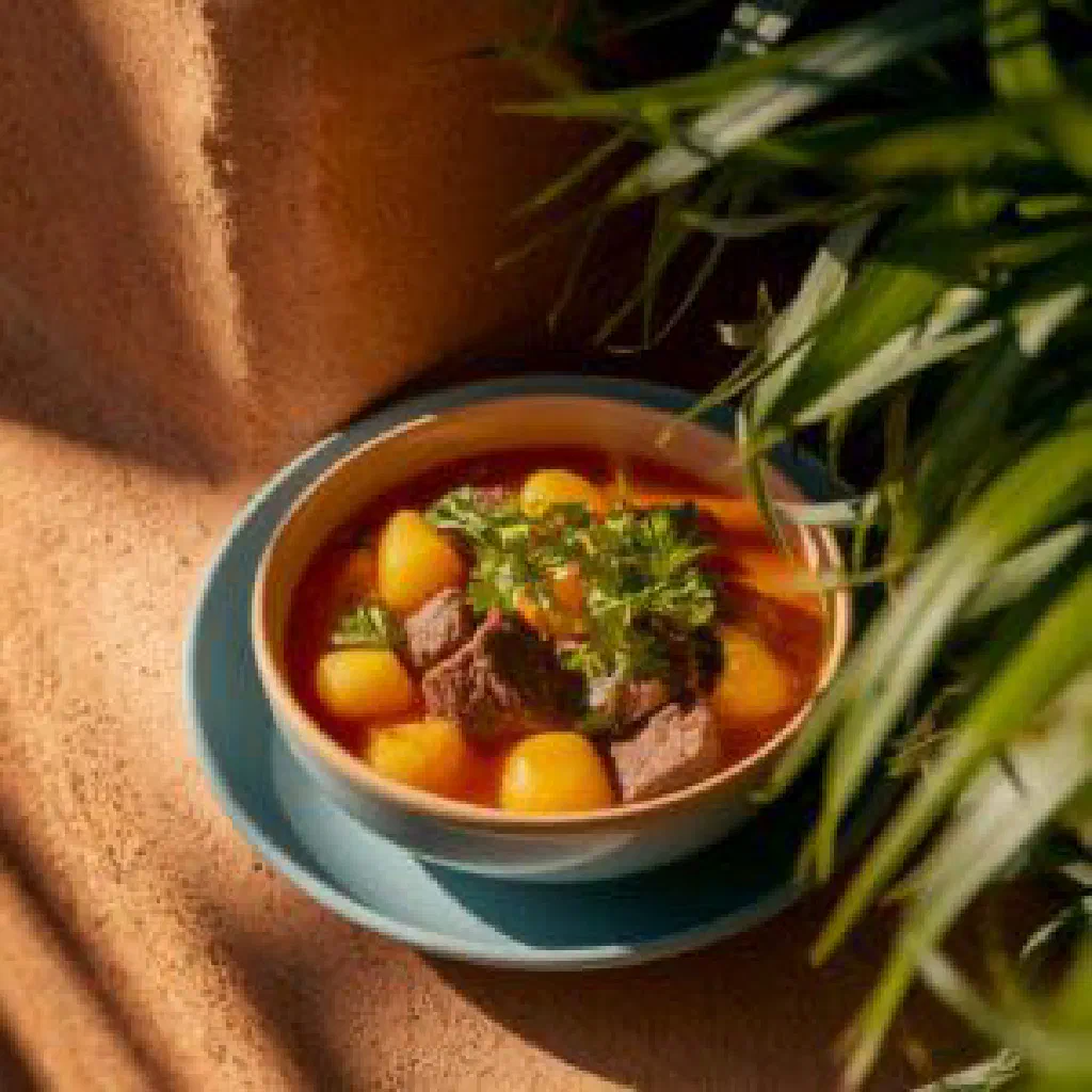 A steaming bowl of Peruvian uman caldo with beef and vegetables