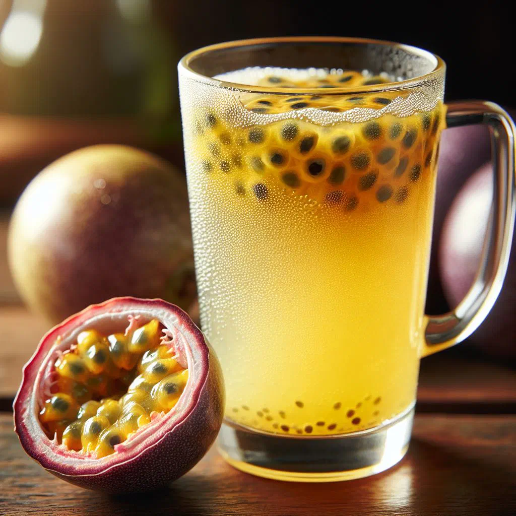 A glass of golden passion fruit juice garnished with fresh mint