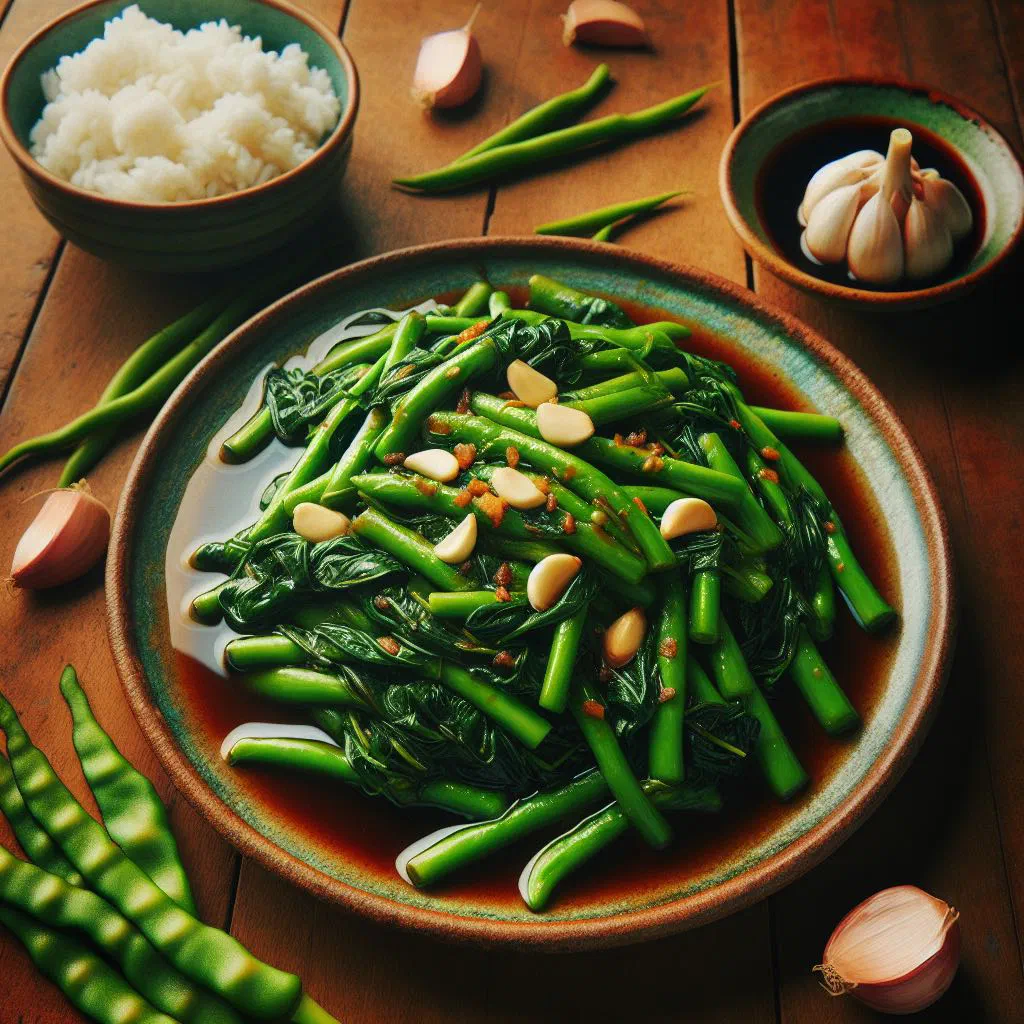 Adobong kangkong with tender water spinach in a savoury soy and vinegar sauce