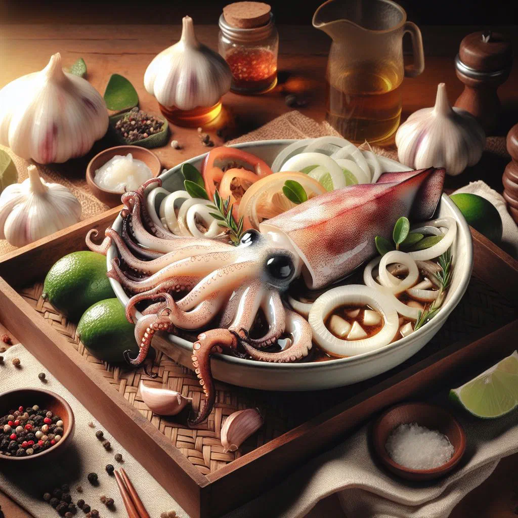 Adobong pusit, tender squid simmered in a dark soy and vinegar sauce
