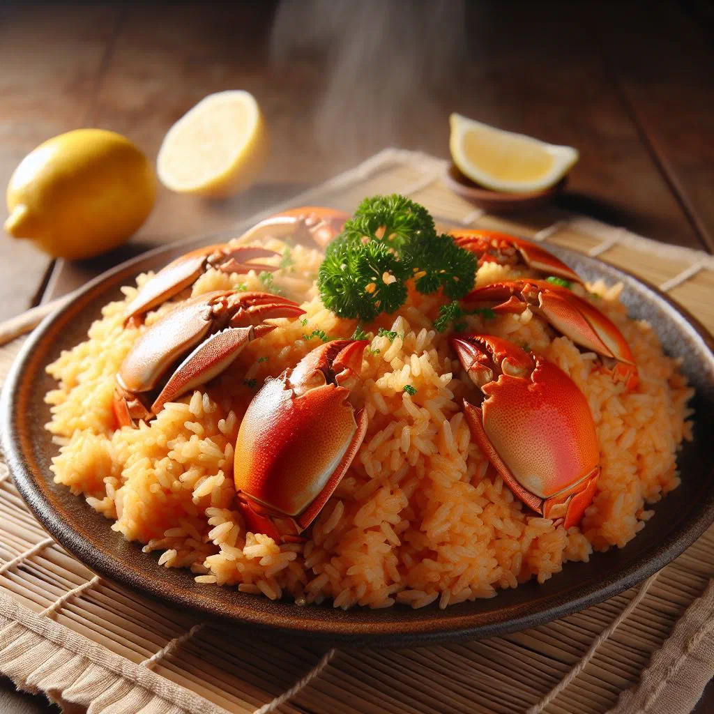 Aligue rice topped with crab fat and garnished with spring onions