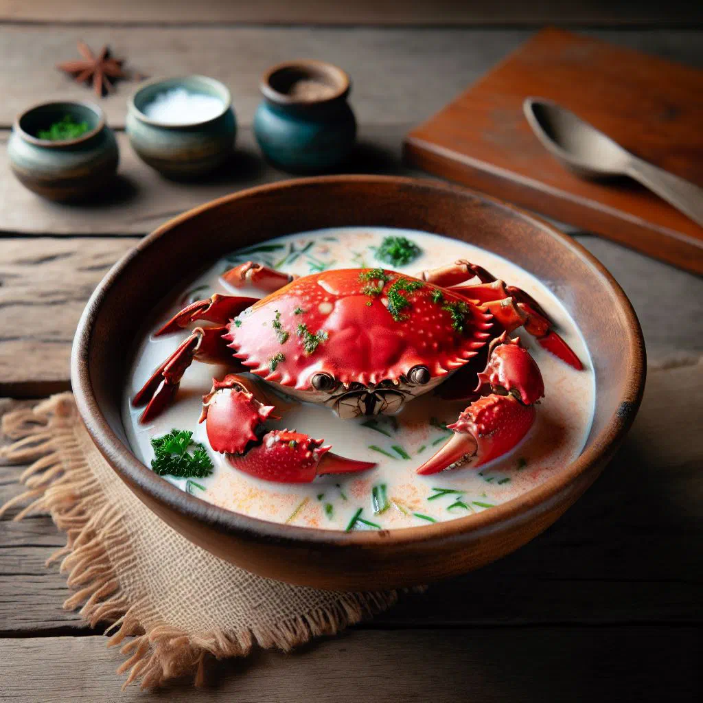 Mud crab simmered in creamy coconut sauce, garnished with fresh coriander