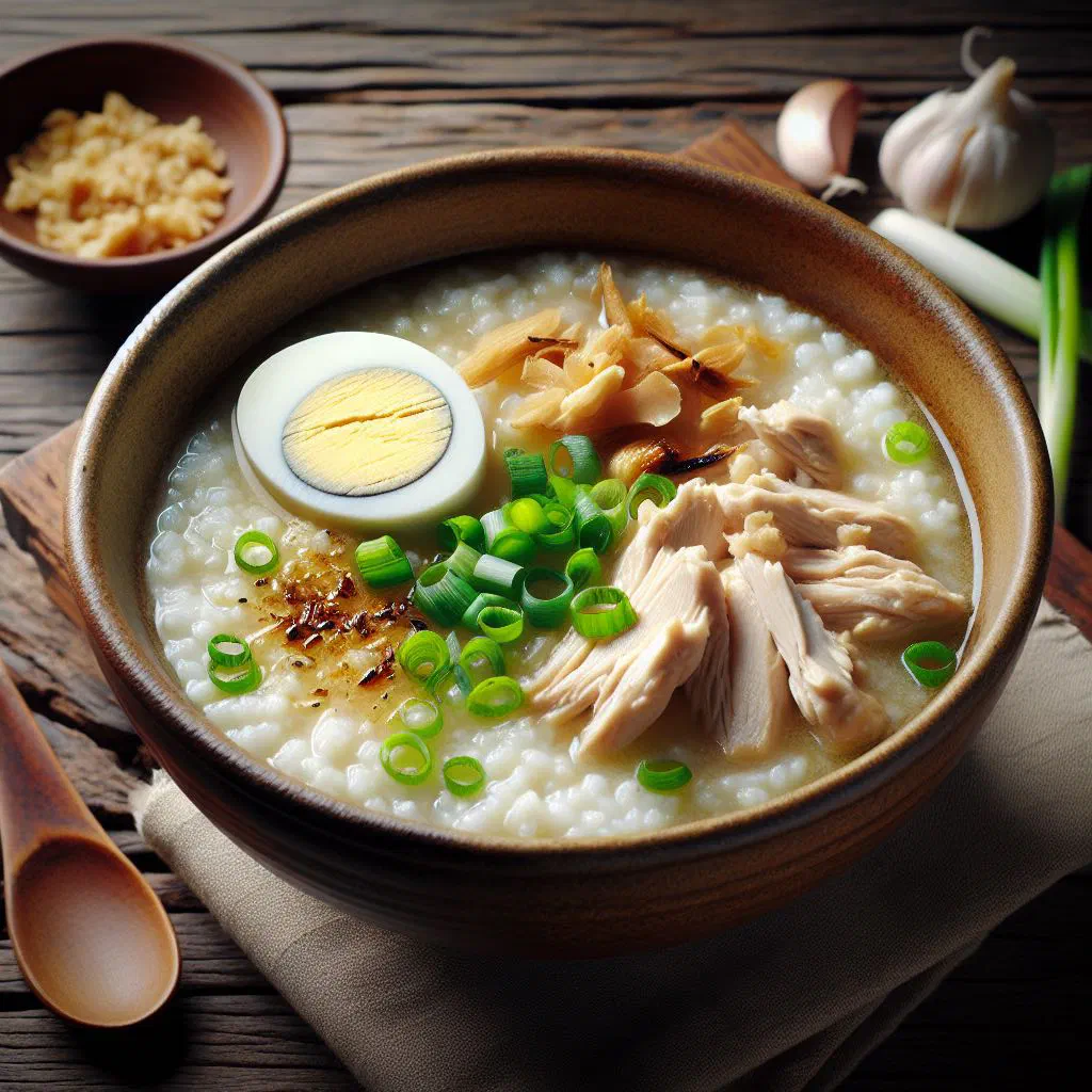 Bowl of arroz caldo rice porridge with chicken, ginger and fresh coriander