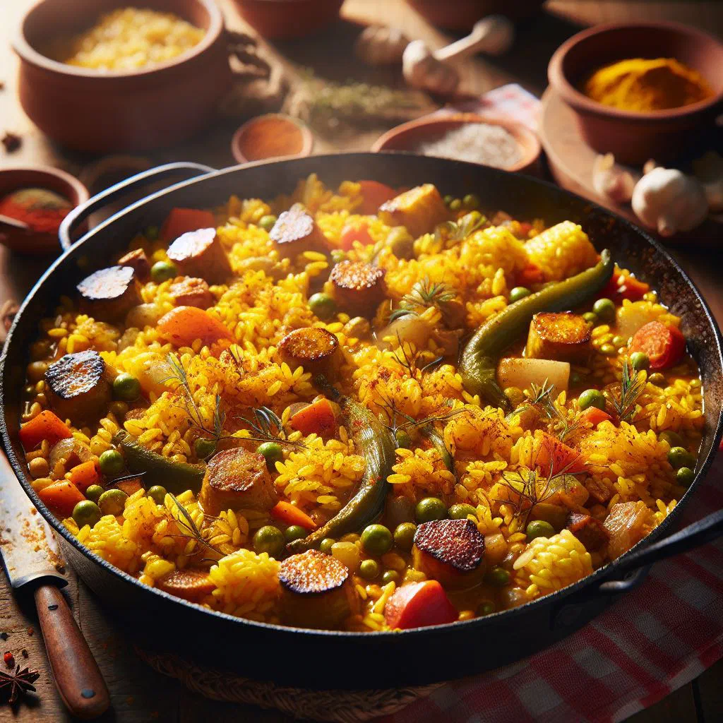 Golden Arroz Valenciana with rice, chicken and prawns in a wide serving dish