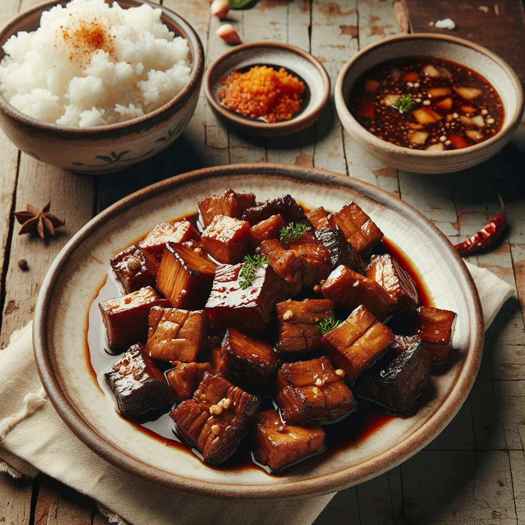 Tender braised pork Asado de Carajay garnished with spring onions