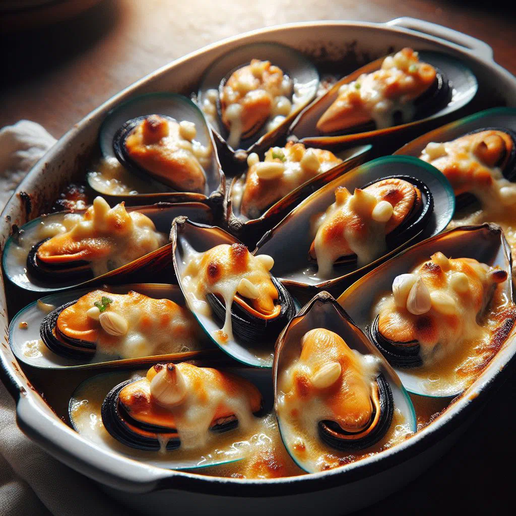 Baked mussels on the half shell topped with melted cheese and parsley