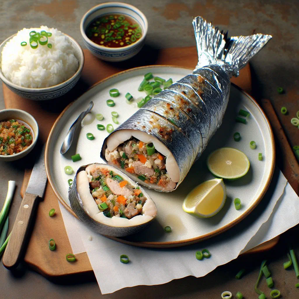 Sliced stuffed milkfish bangus embutido garnished with fresh herbs