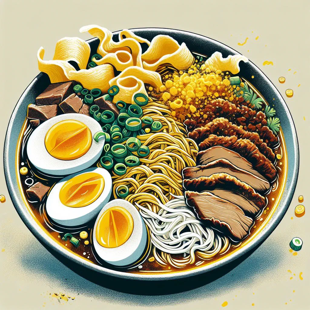 A steaming bowl of batchoy Ilonggo with pork, rice noodles and crispy fried garlic