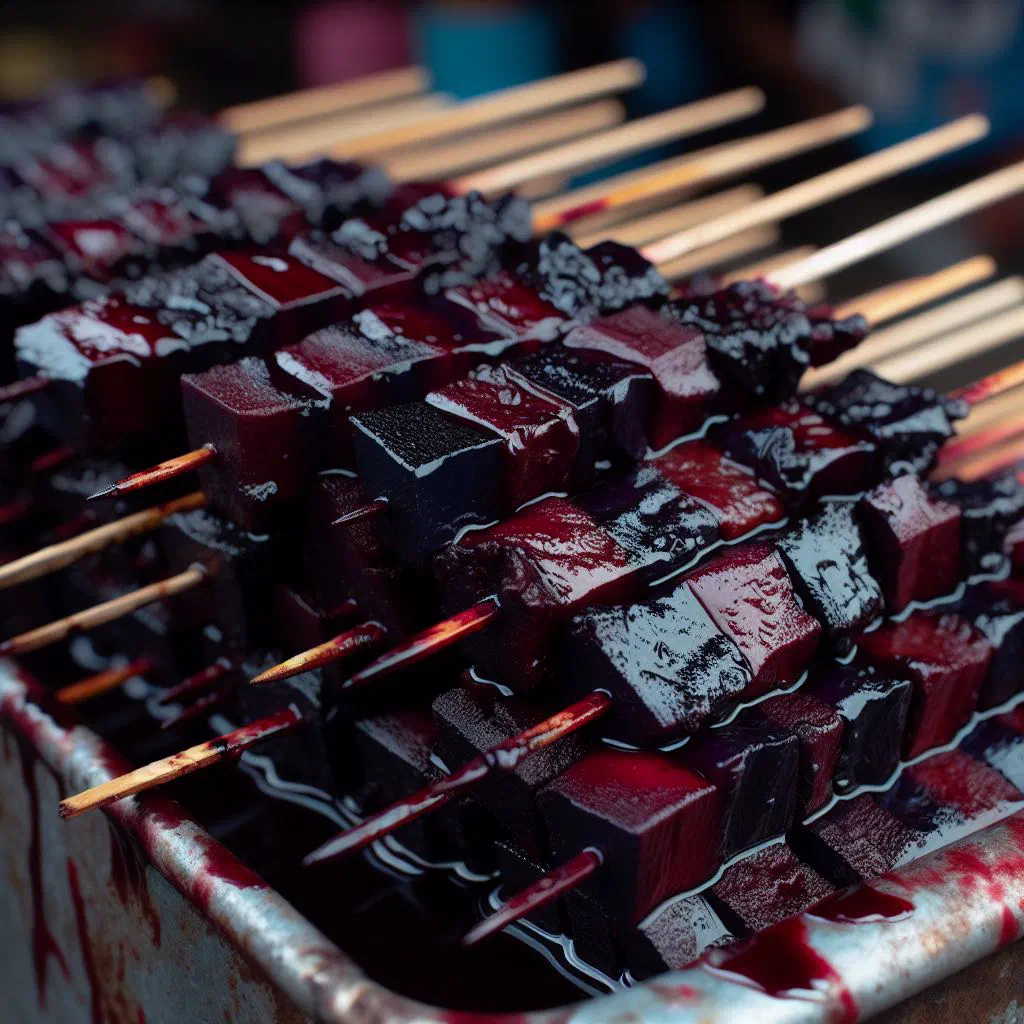 Grilled Betamax skewers of chicken hearts served on wooden sticks
